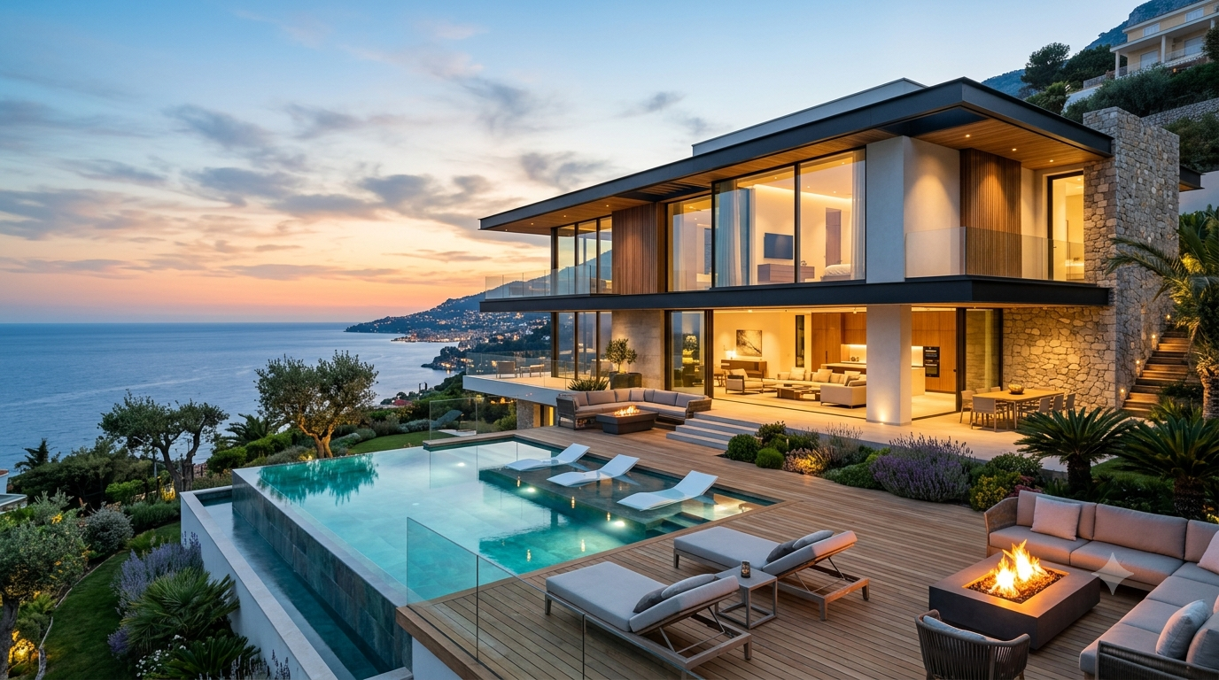 Villa di lusso con piscina a sfioro, vista panoramica al tramonto